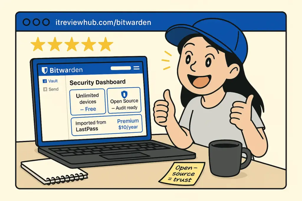 Authentic discovery process of Bitwarden's open-source transparency and security features with genuine excitement for ⭐⭐⭐⭐⭐ rated solution revealing enterprise-grade capabilities
