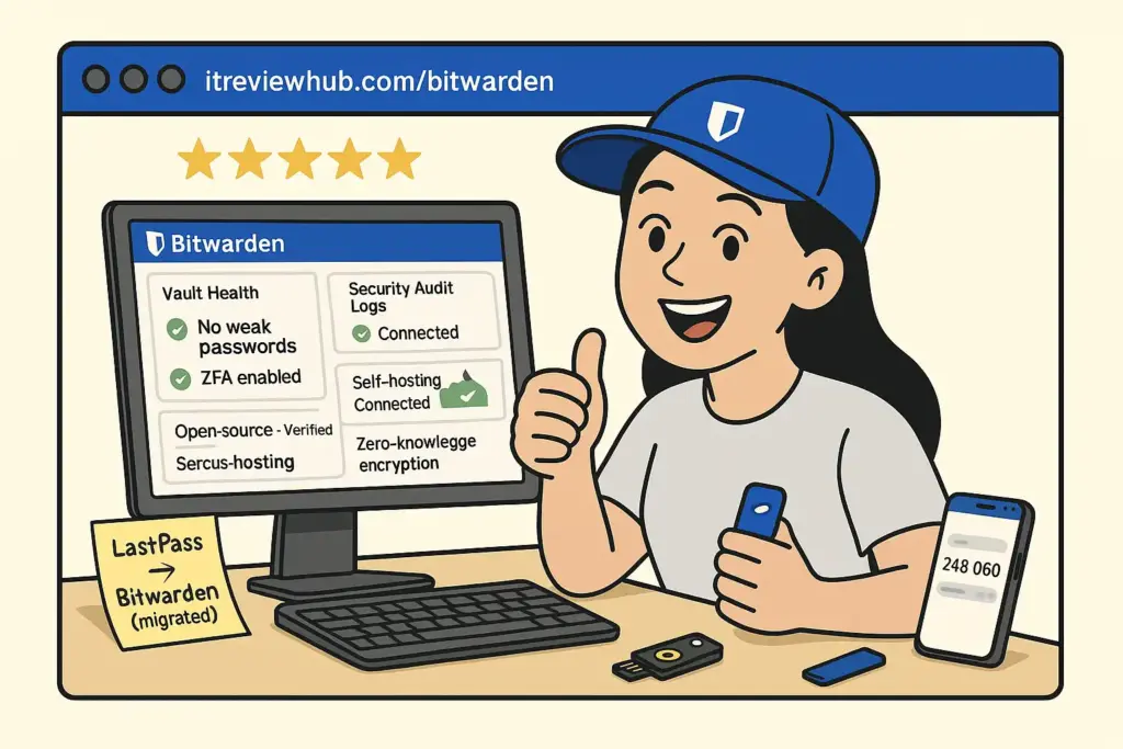Advanced Bitwarden security mastery showing personal expertise progression with ⭐⭐⭐⭐⭐ confidence in enterprise-grade features and zero-breach security track record