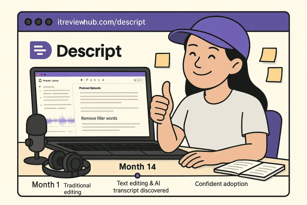 Realistic Descript feature discovery showing 14-month progression from basic transcription to advanced AI editing mastery
