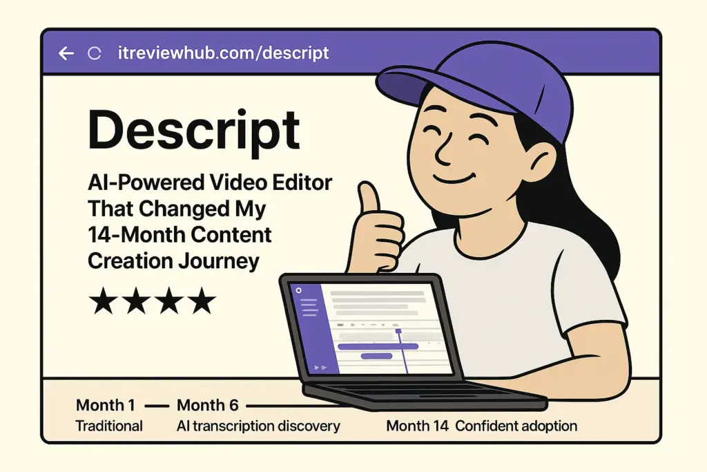 Personal 14-month journey from Adobe Premiere Pro to Descript AI-powered editing workflow showing confident satisfaction