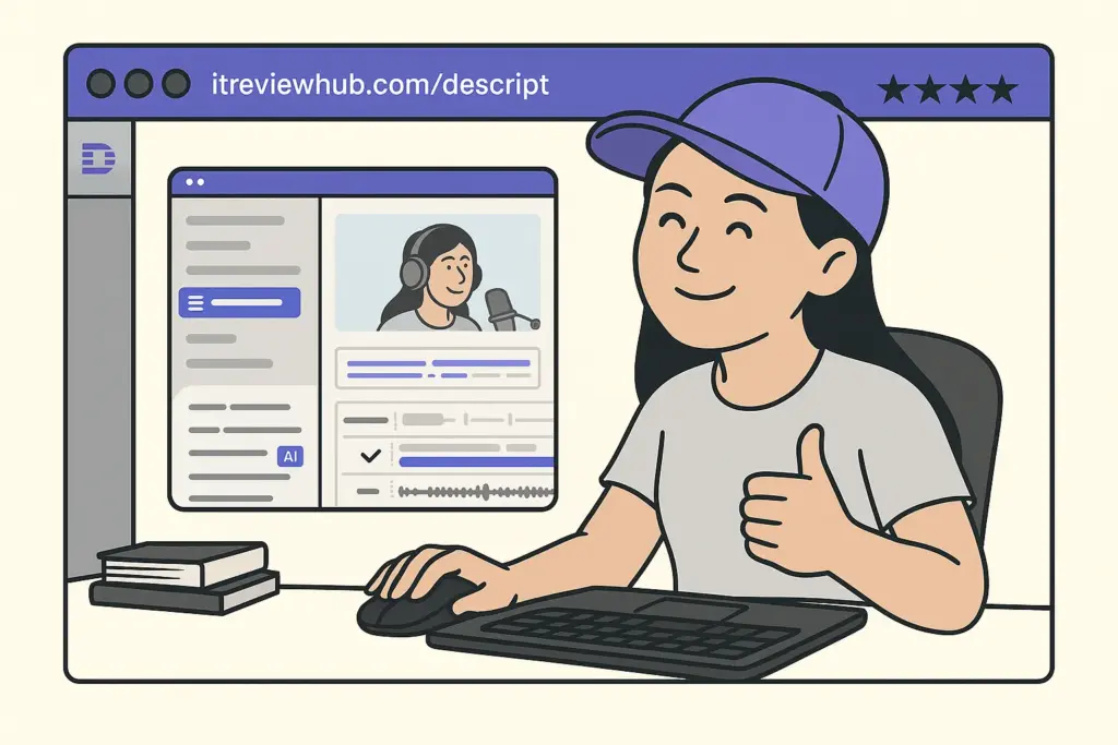 Advanced Descript workflow showing 14-month skill development in AI-powered video editing and content creation