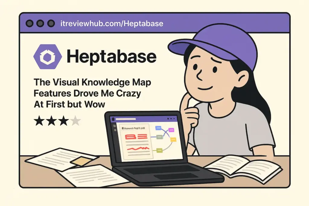 Realistic Heptabase feature discovery showing visual whiteboard interface with research papers and mind maps