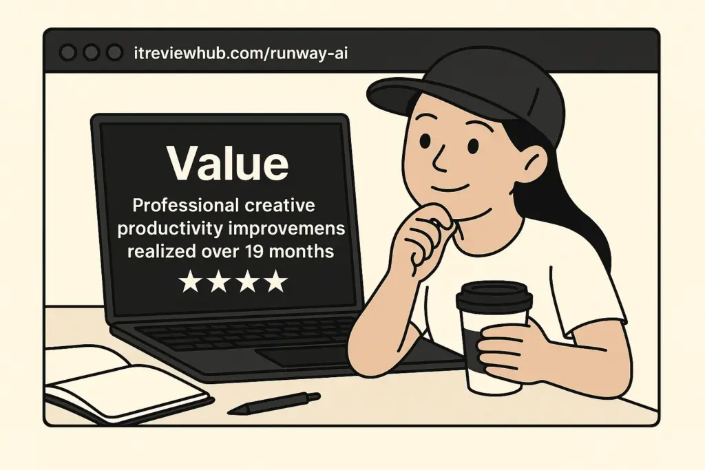 Professional value realization of Runway AI showing ROI assessment after 19 months of creative workflow usage