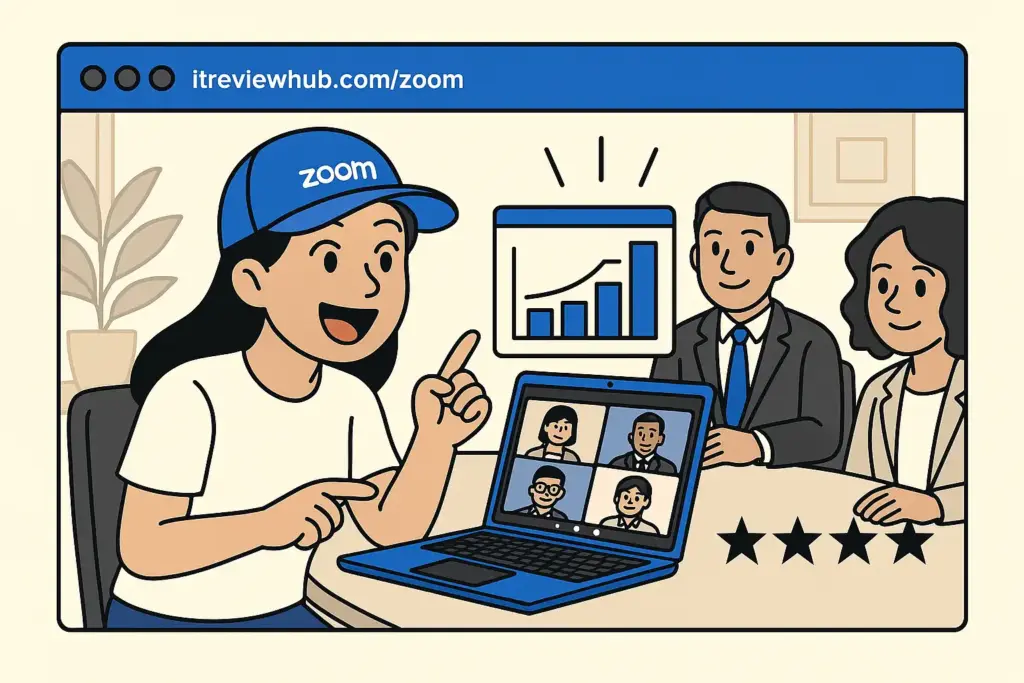Realistic business meeting demonstration showing Zoom's superior video quality and collaboration features justifying 4.8/5.0 rating